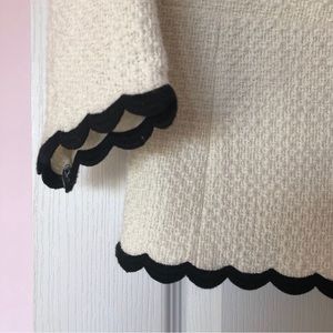 Talbots 12 cream knit jacket, black scallop edge